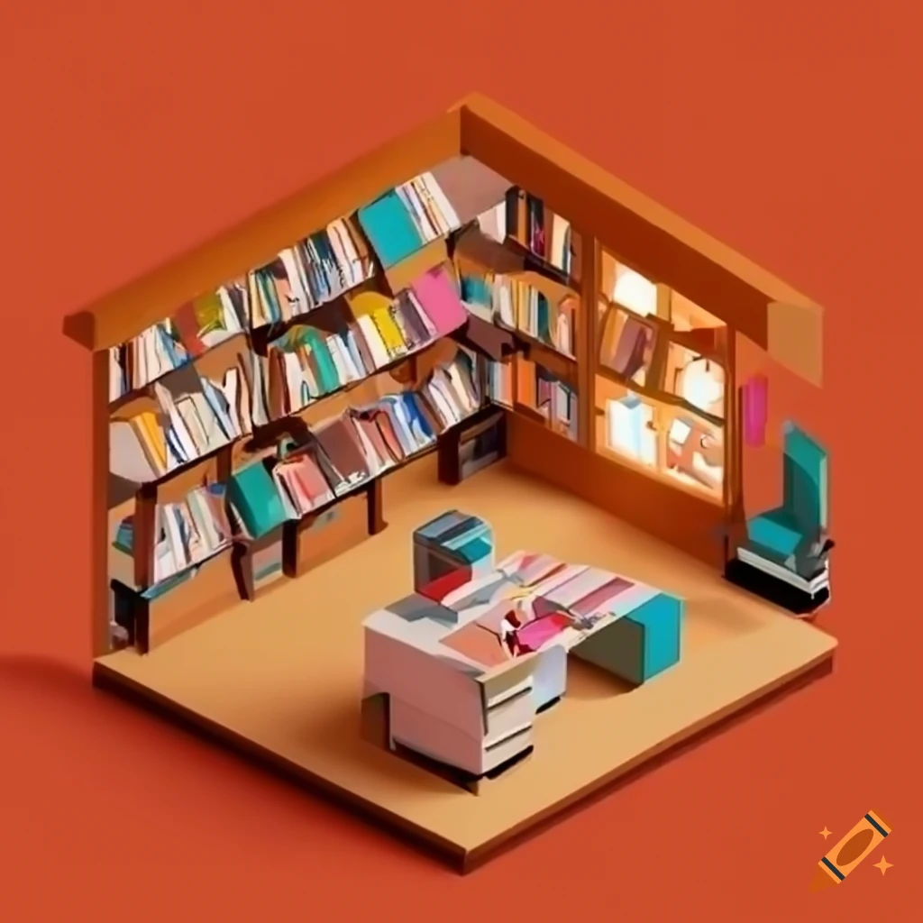isometric view of a cozy bookstore interior
