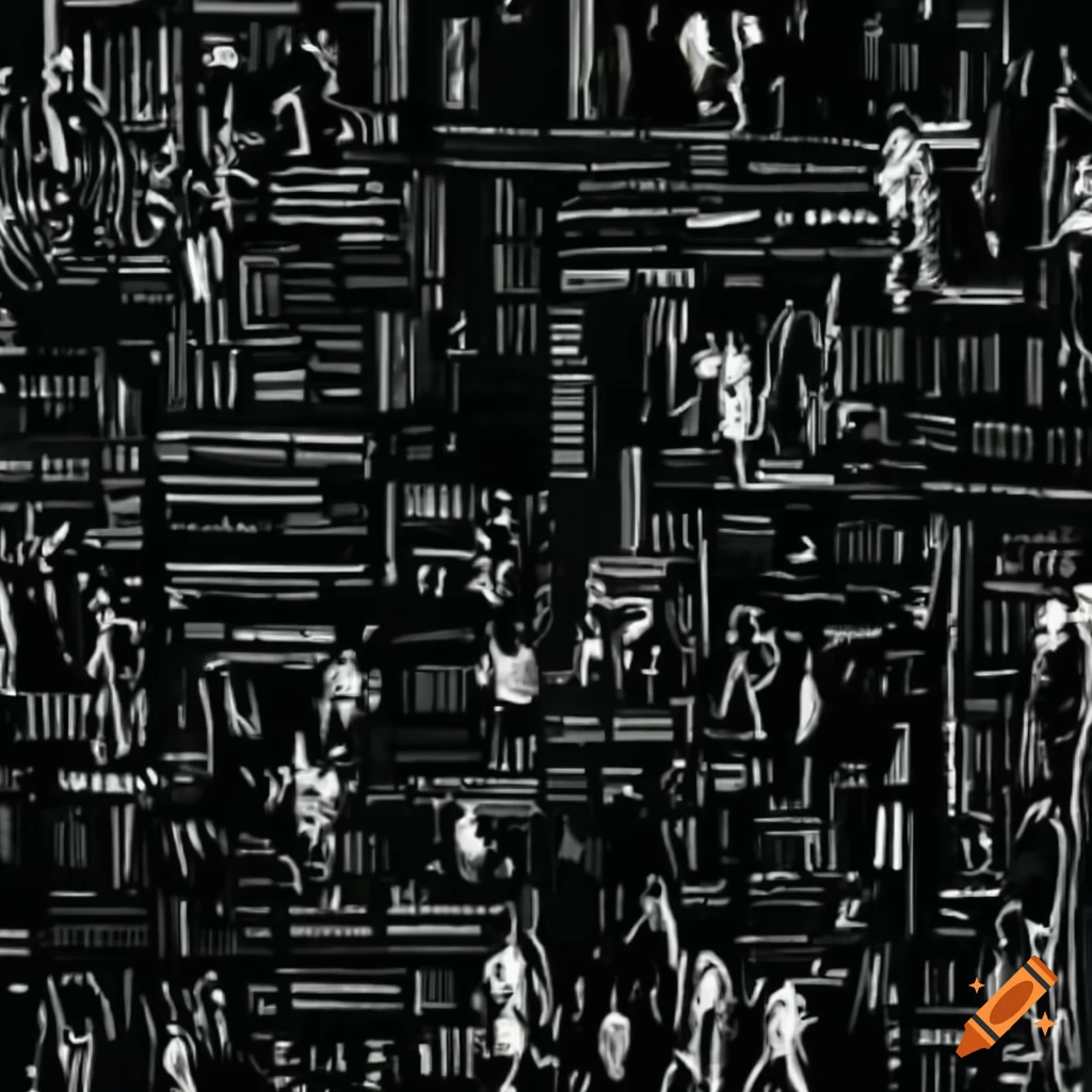 black and white abstract painting of people in front of a maze