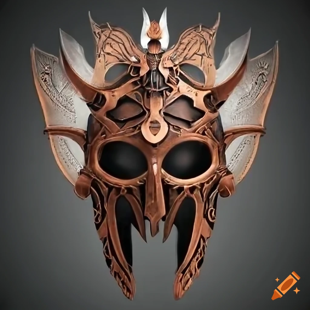 intricate symmetrical leather helm in fantasy style
