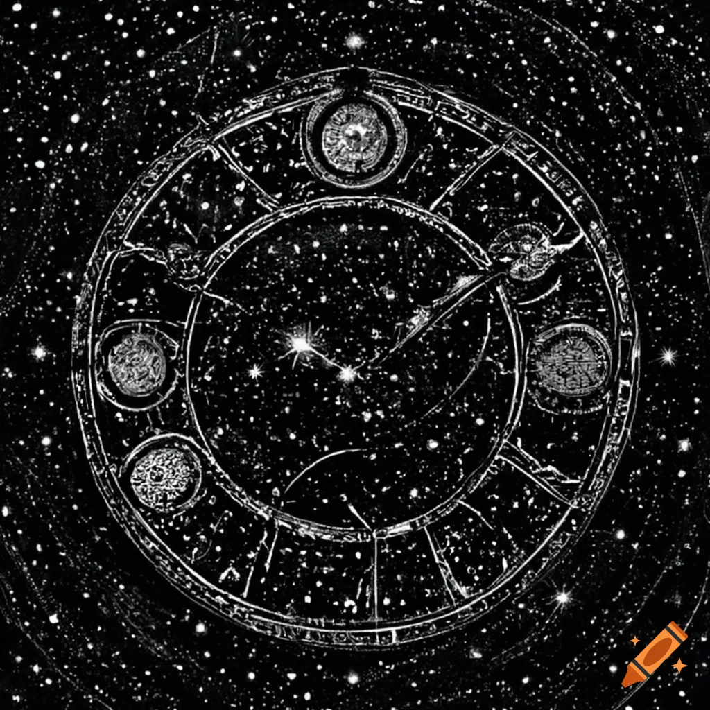 cosmic clock with celestial bodies and interstellar phenomena