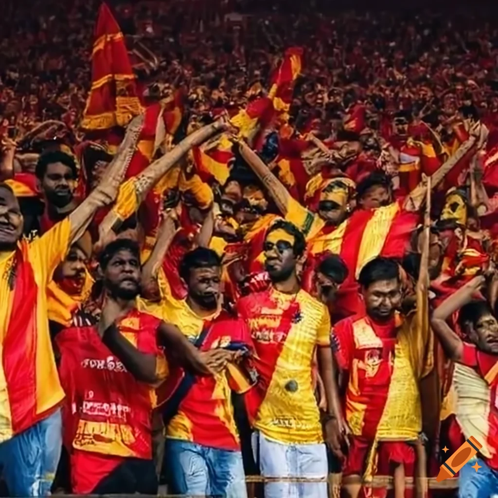 red and yellow jersey-clad East Bengal fans cheering