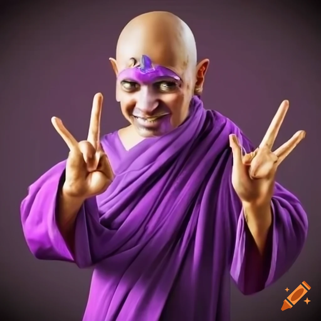  Monk in purple robe making peace sign