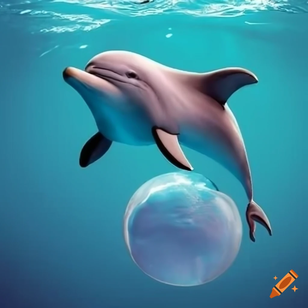 Realistic artwork of a smiling dolphin in a floating water-ball on Craiyon