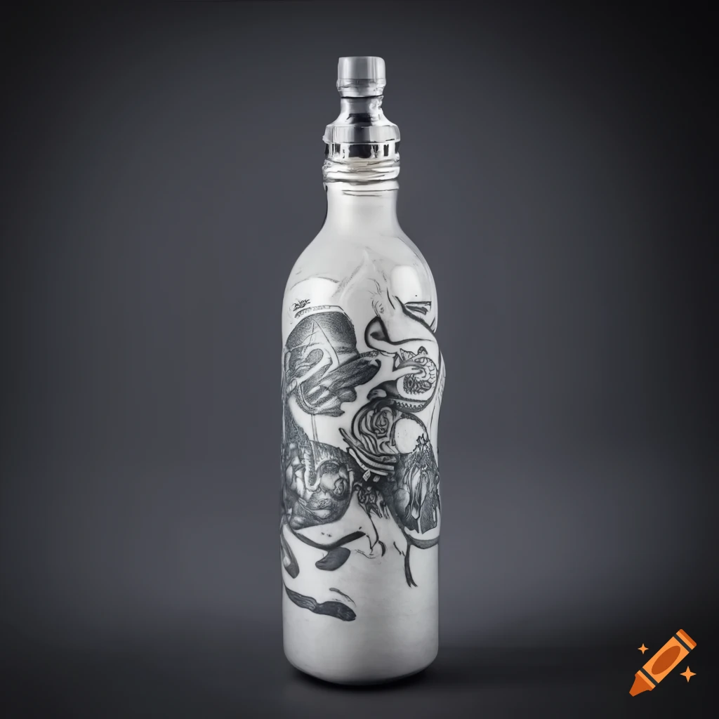 grey background with a tattooed bottle