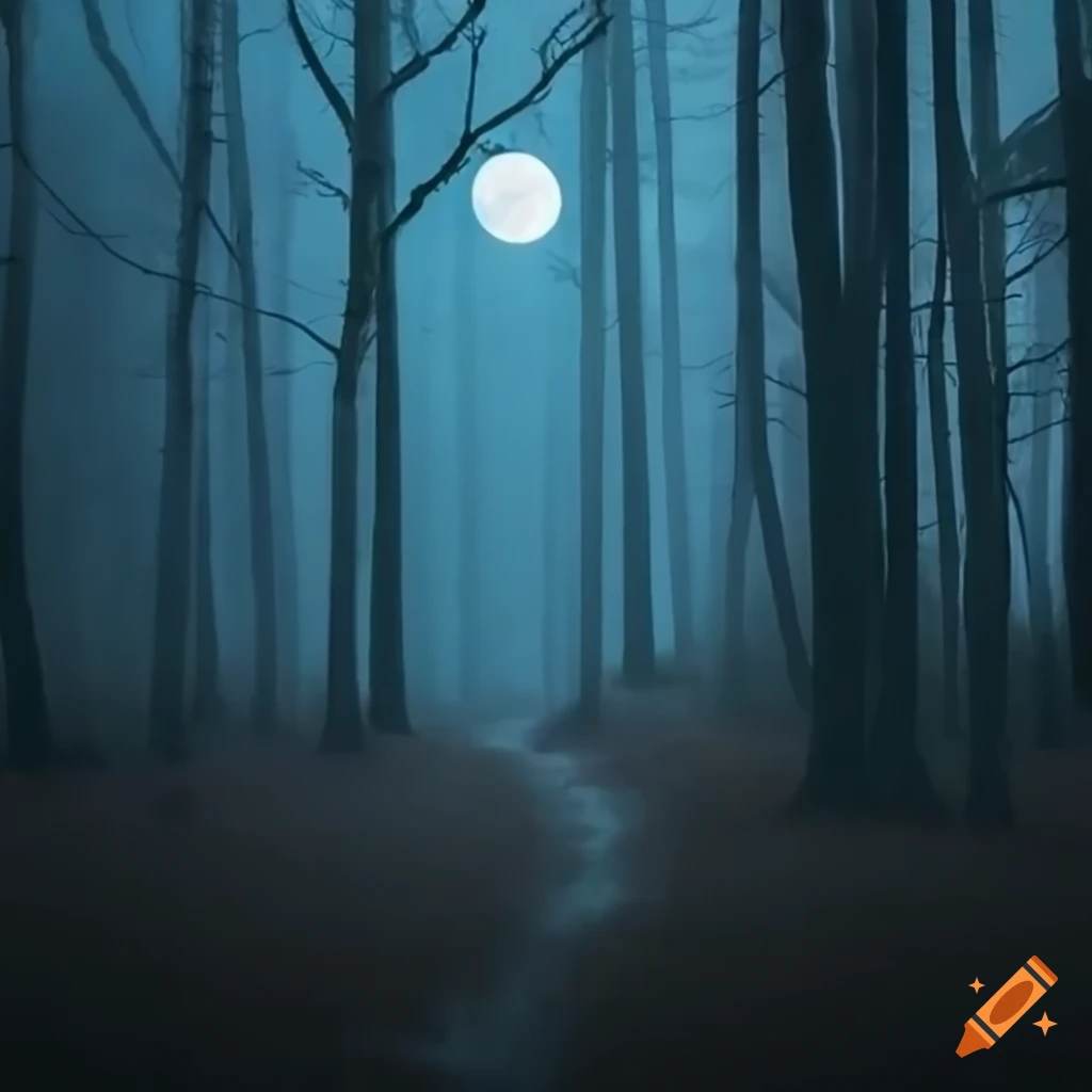 spooky forest clearing with blue moon and fog