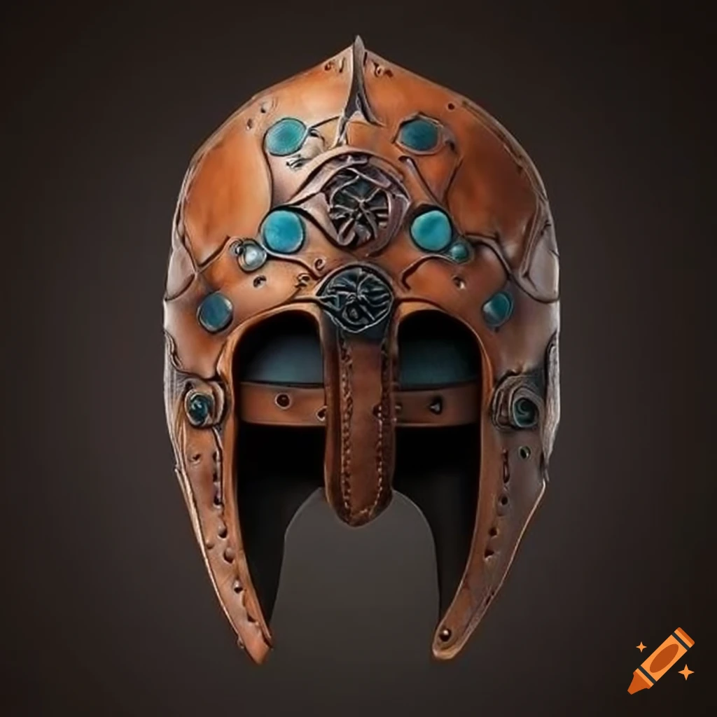 symmetrical leather helmet with intricate design