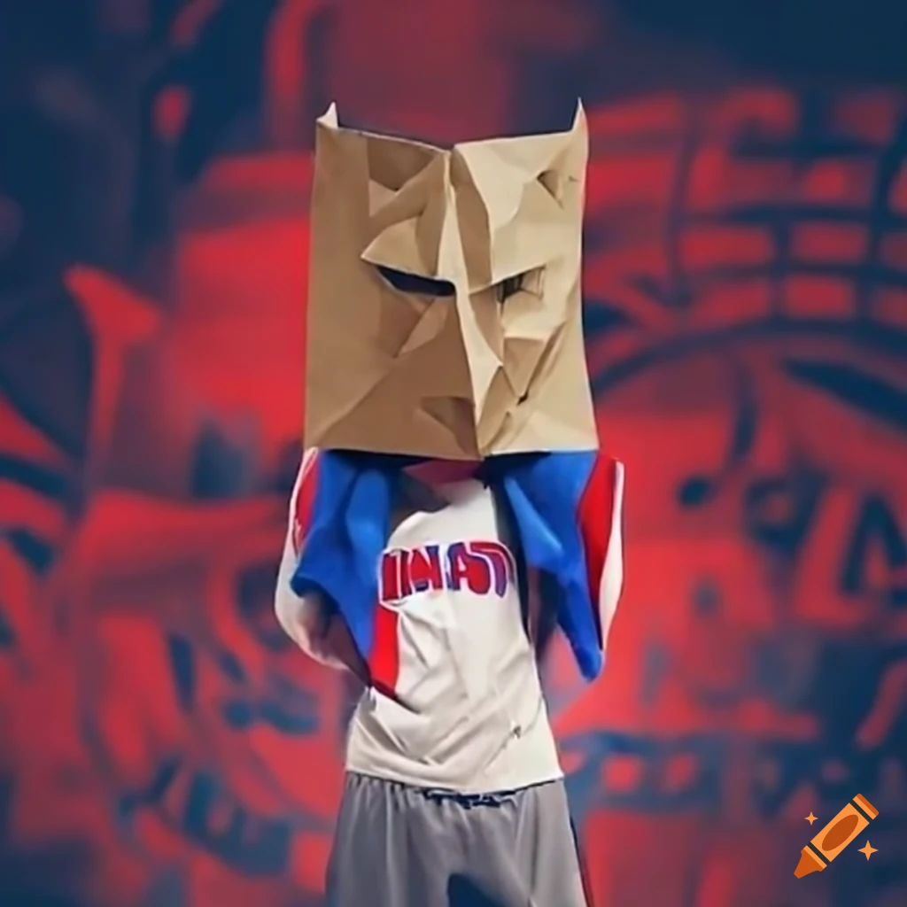 Fan of detroit pistons wearing a paper bag over head on Craiyon