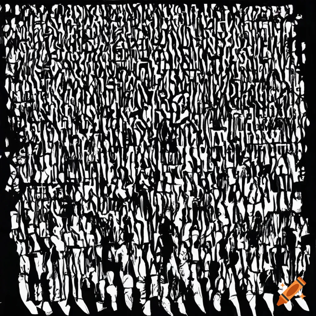 black and white abstract painting of people in front of a maze