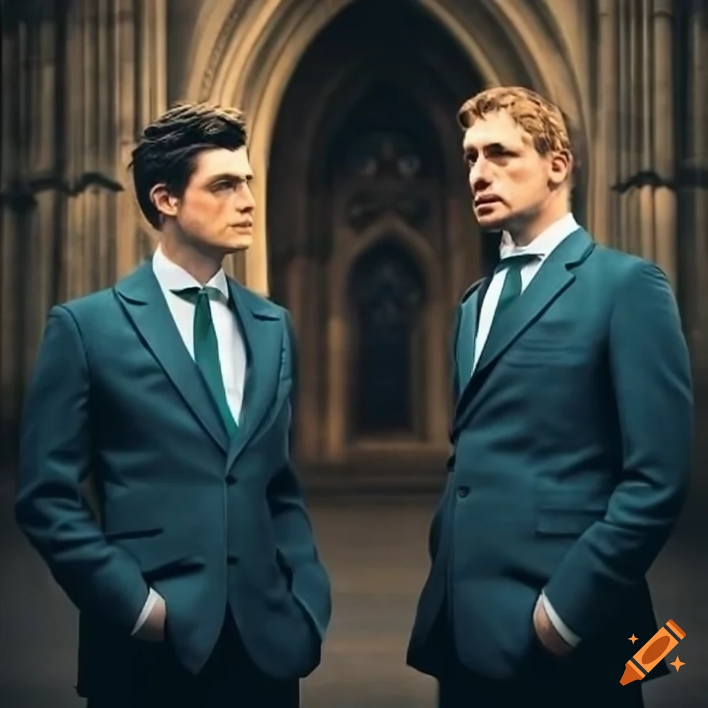 three irishmen in suits in a cathedral