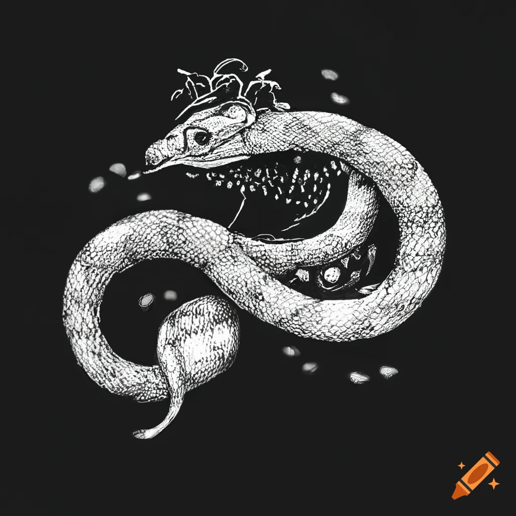 black and white sketch of a snake transforming into flower petals
