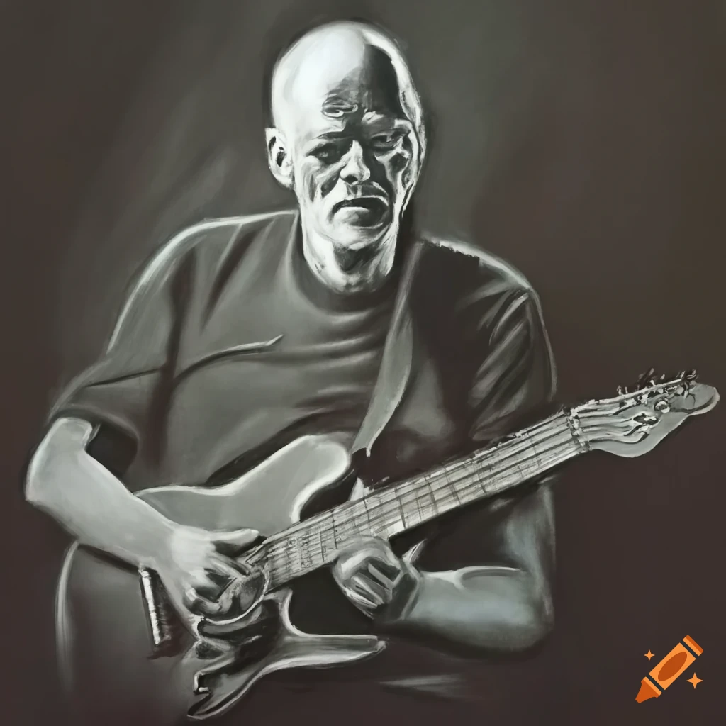 Charcoal drawing of david gilmour with a guitar on Craiyon