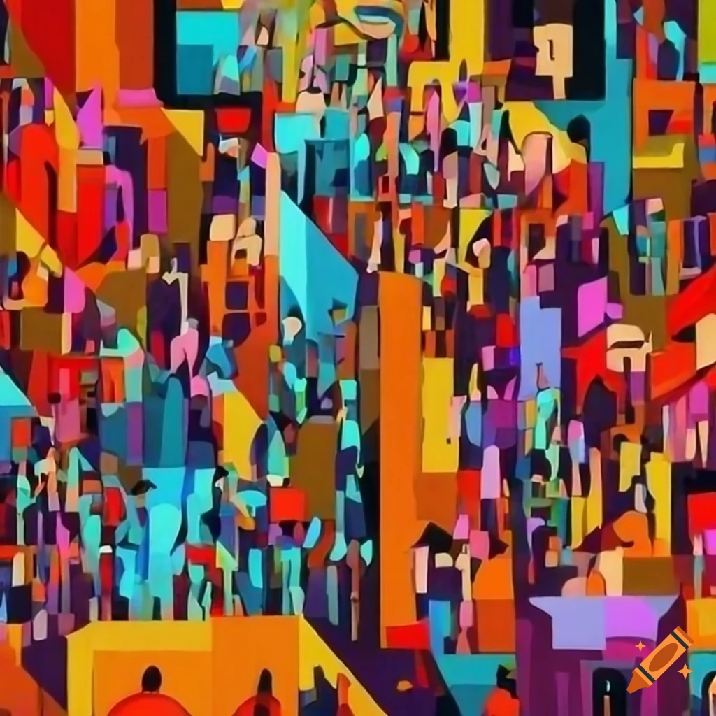 cubist mosaic of people in a maze