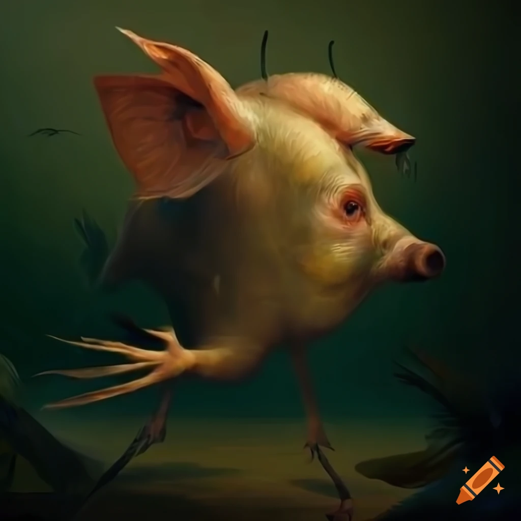 surreal painting of a pig with a fish head and long legs