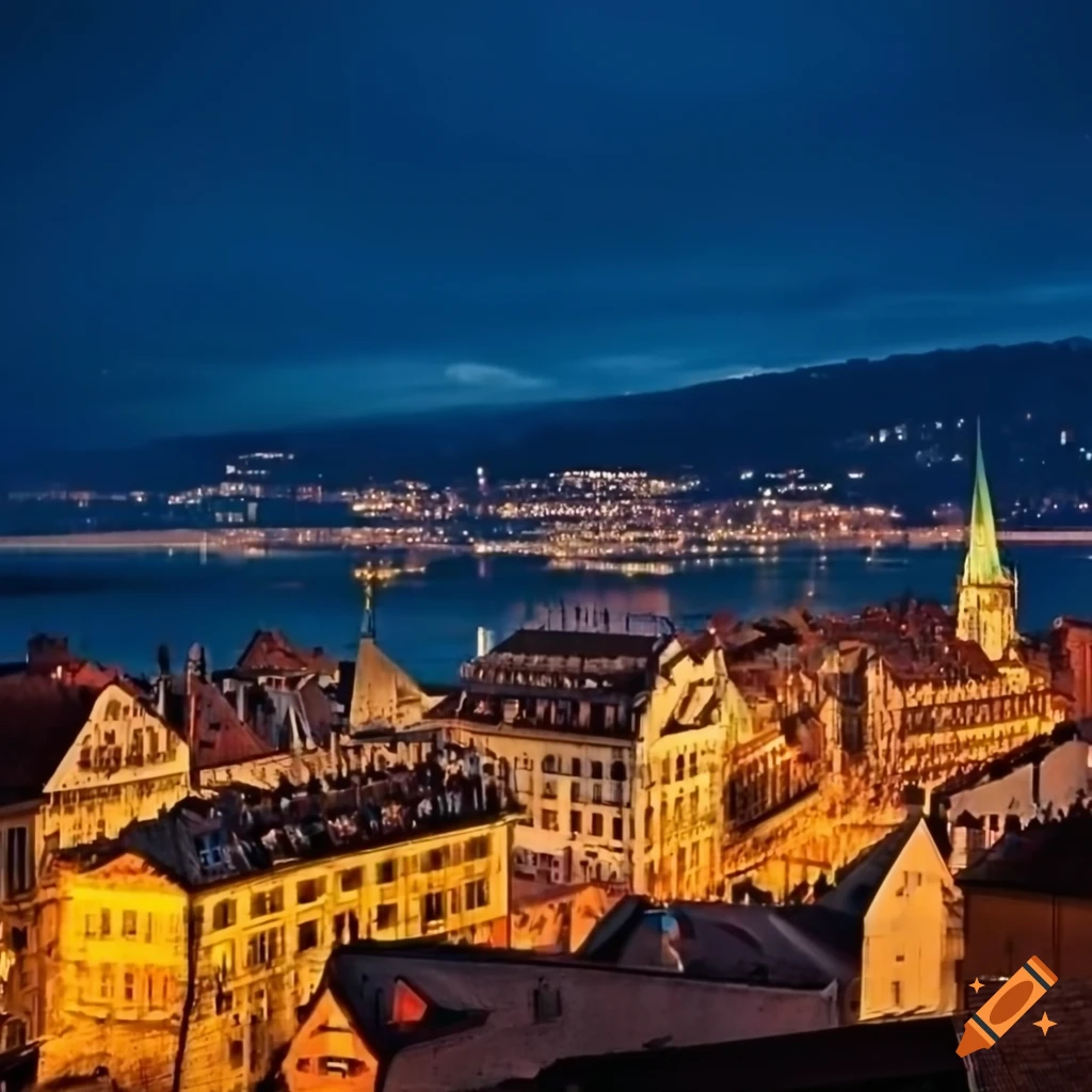 night cityscape of Lausanne with retro lights