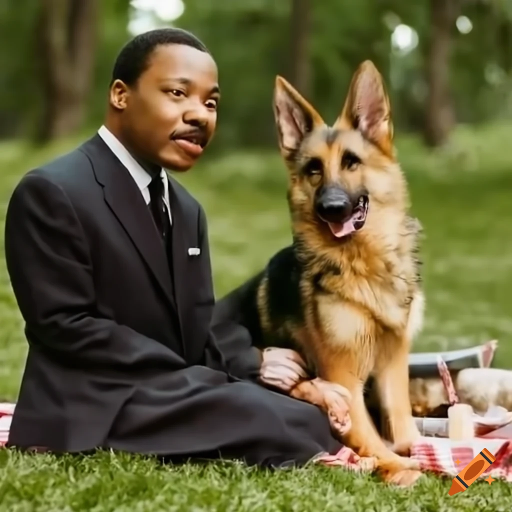 Martin Luther King Jr and a german shepherd having a picnic