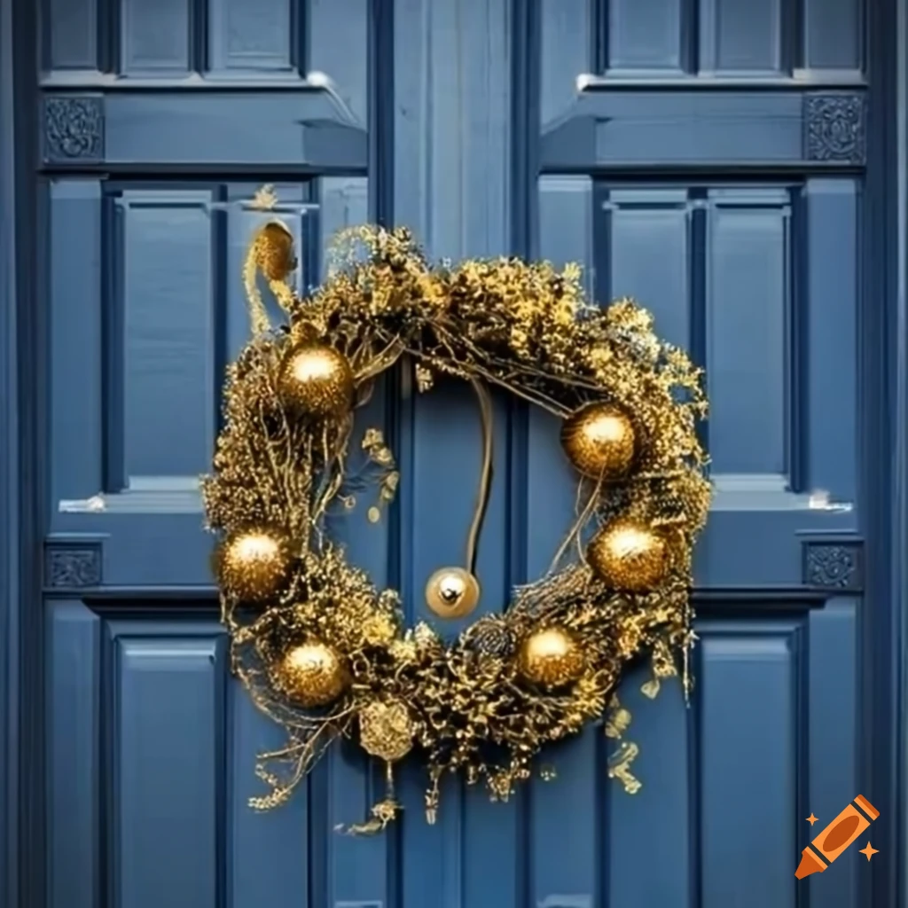 golden wreath hanging on a dark blue front door