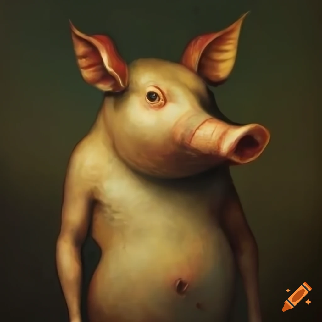 surreal painting of a pig with a fish head