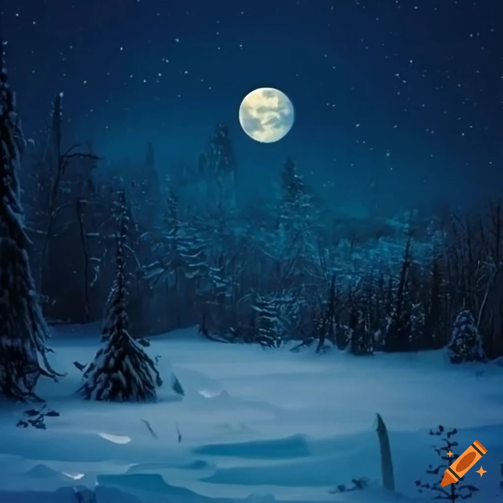 Snowy landscape in the moonlight on Craiyon