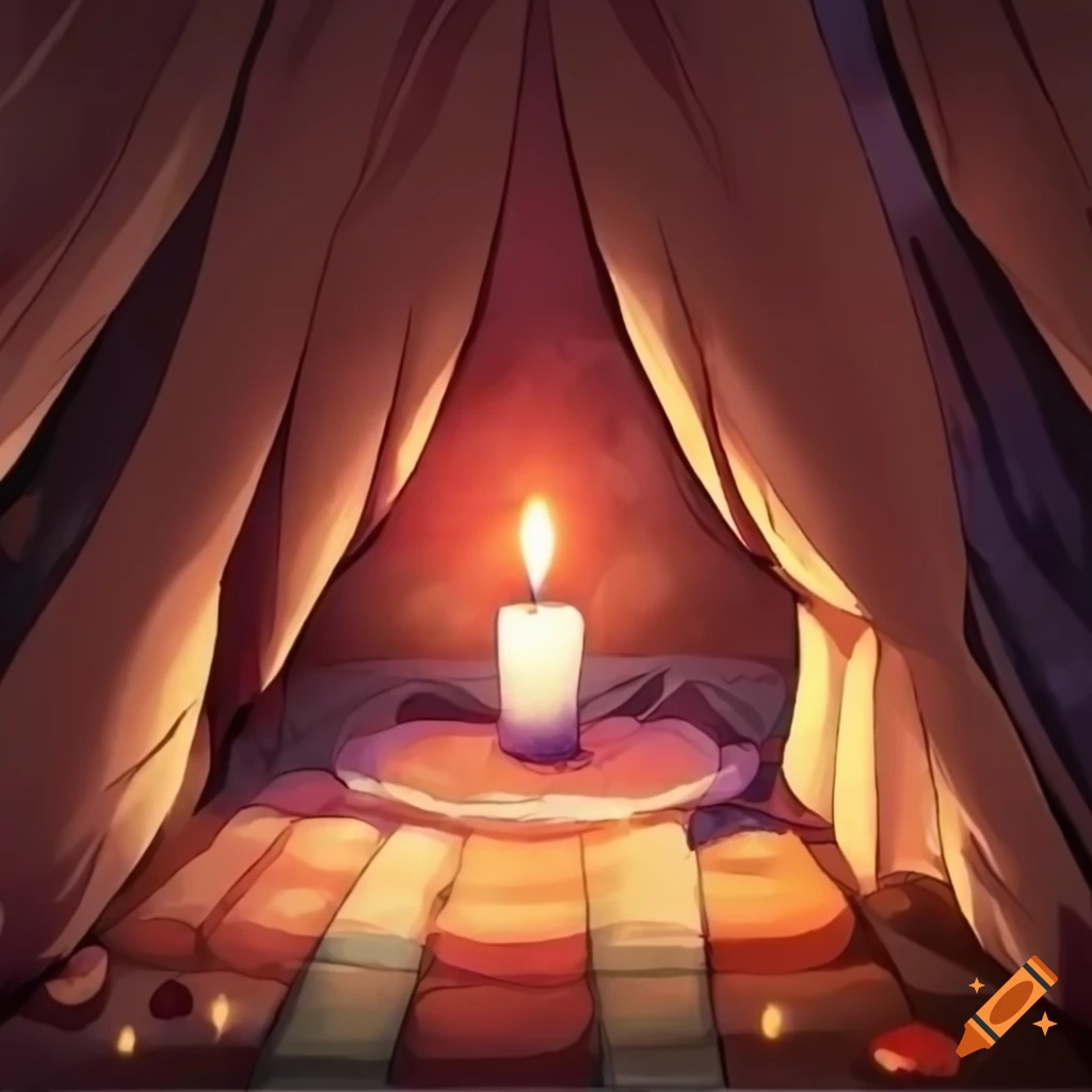 Interior of a tent with a candle and sleeping bag on Craiyon