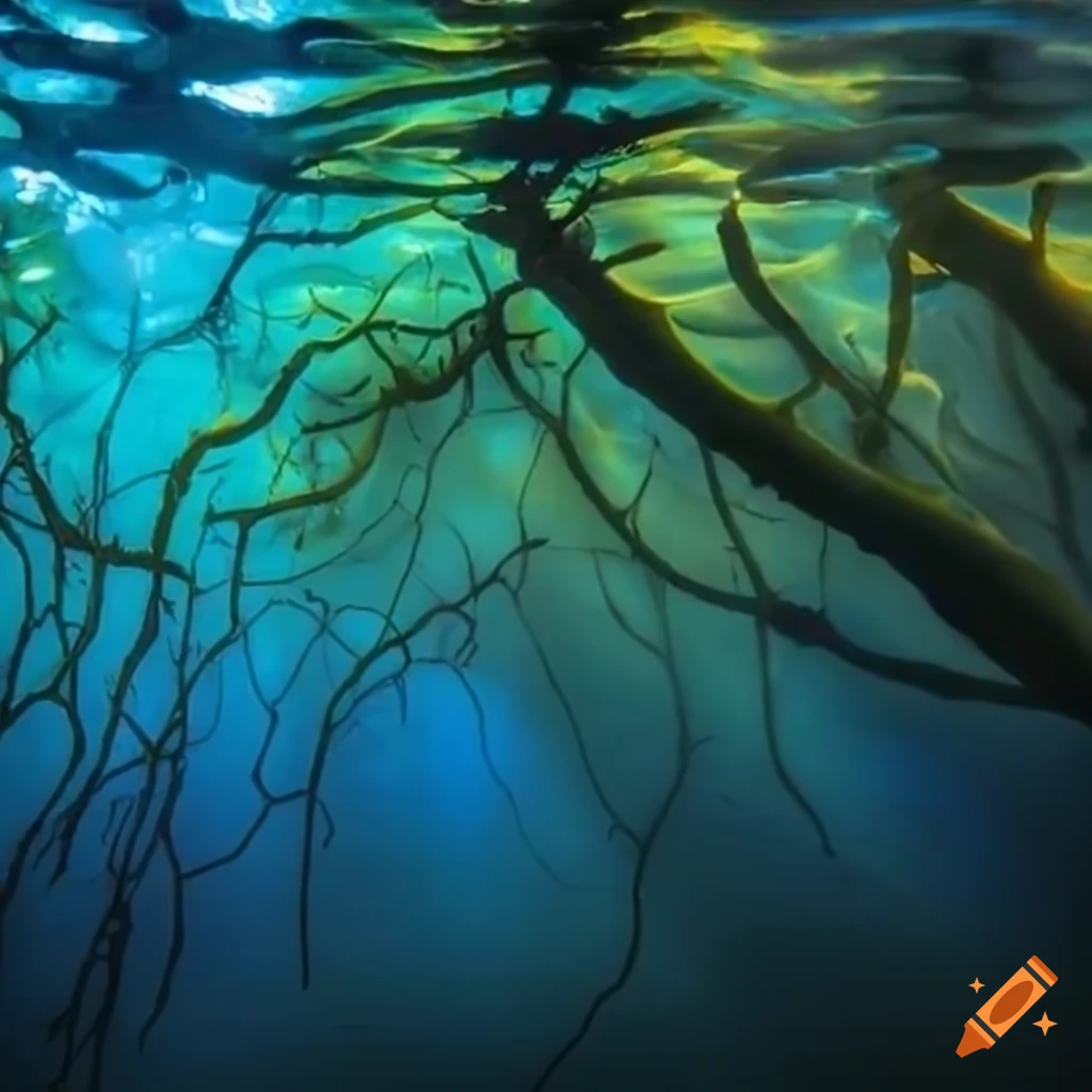underwater scene with glowing vines