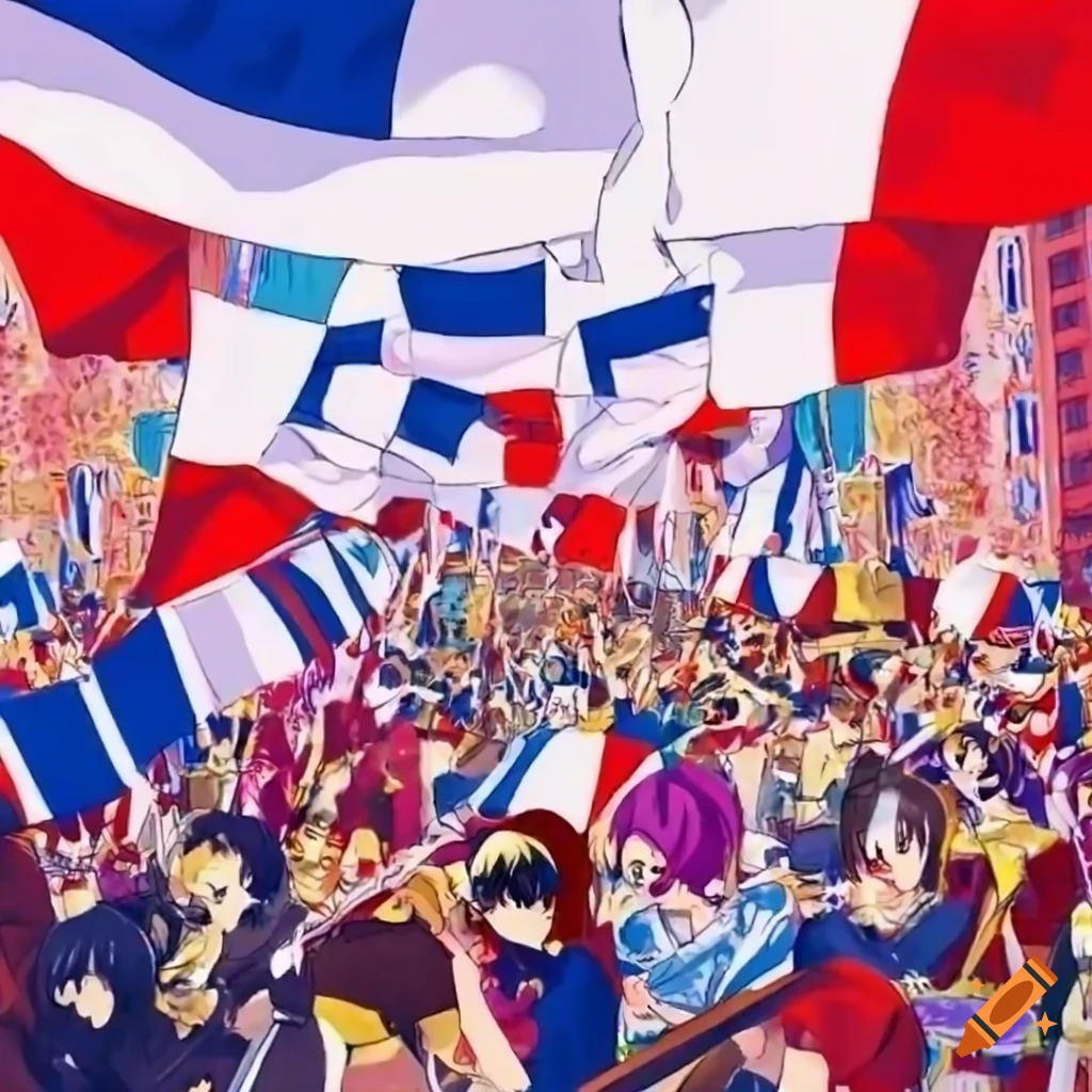 anime style crowded parade with French flags