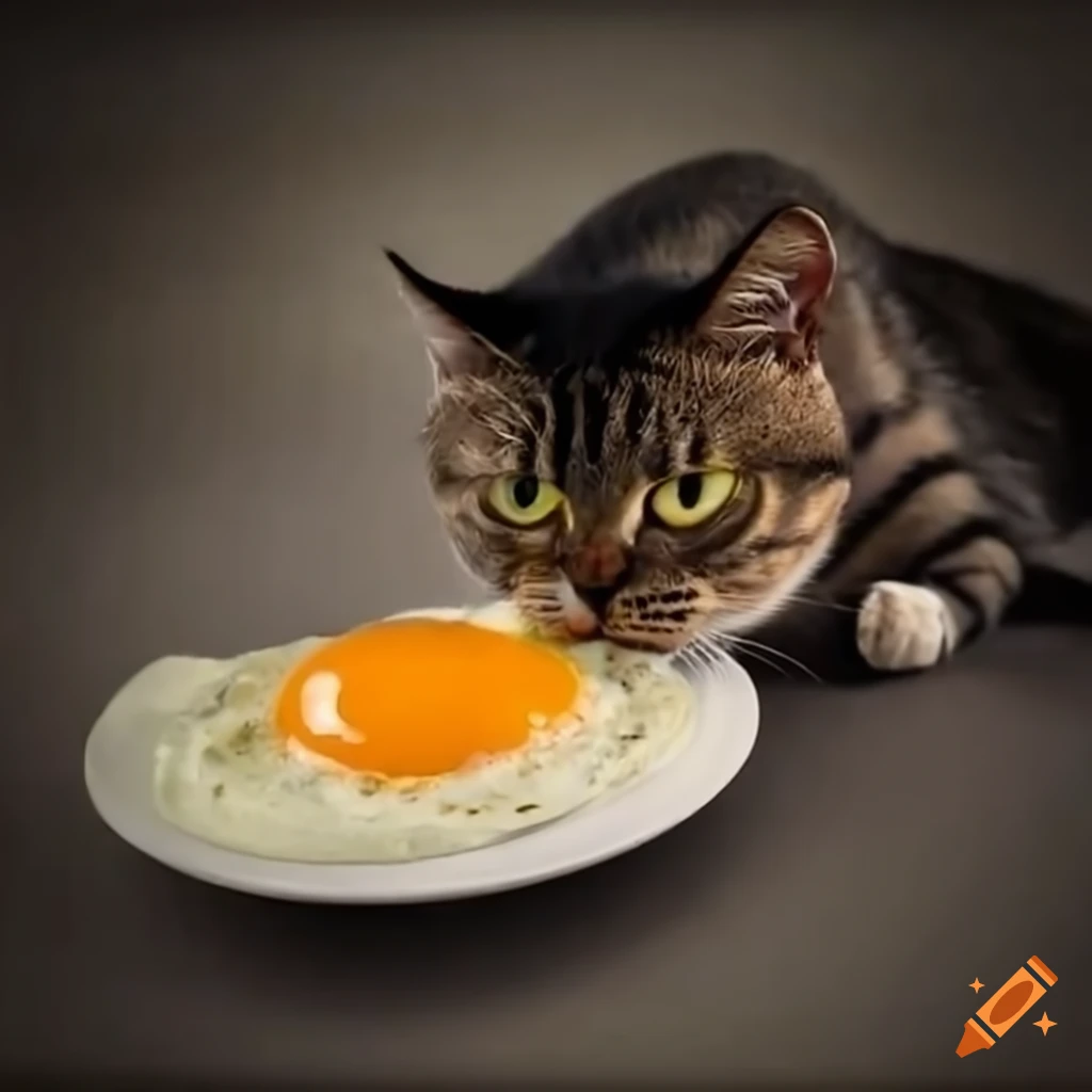 Cat eating fried eggs with cheese on Craiyon