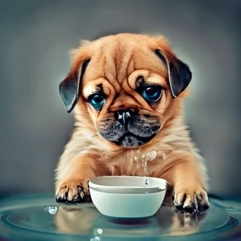 Pug and golden retriever puppies drinking water
