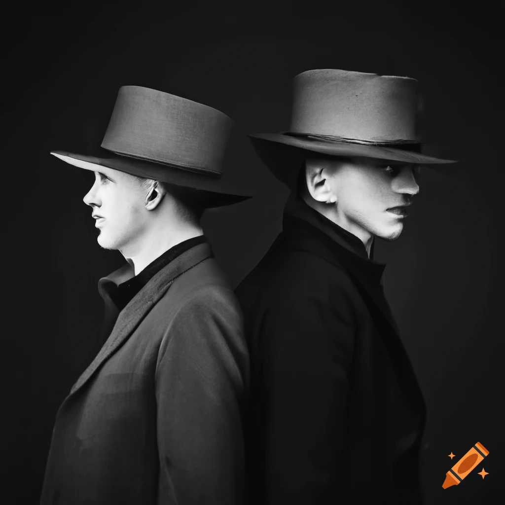 black and white portrait of two men in fedoras
