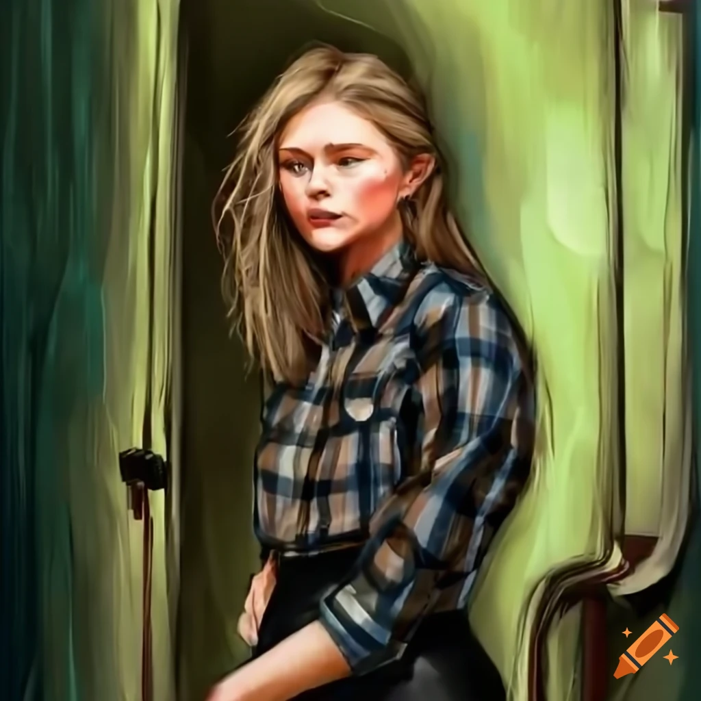 stylish woman with messy hair and plaid shirt standing in doorway