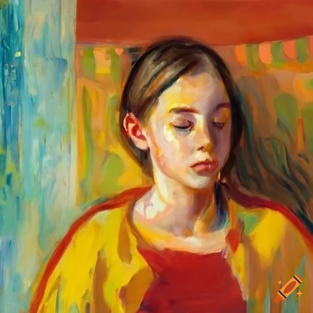 Oil painting of a teenager girl in a bedroom with summer outside