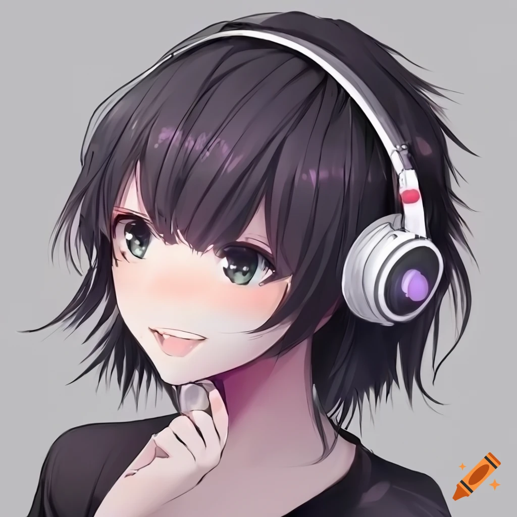 anime girl with black hair and headphones