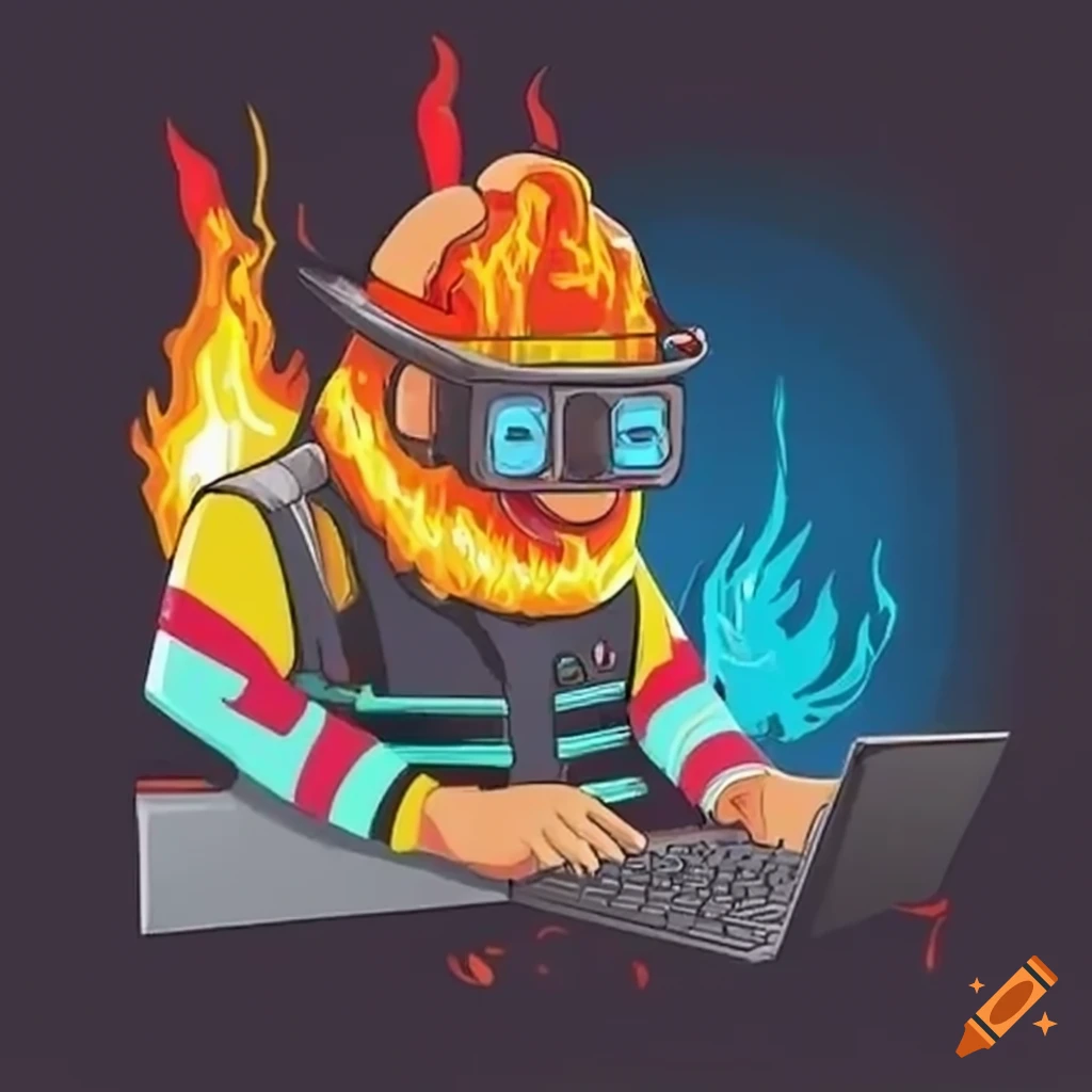 Mashup of a firefighter and a geek working on a computer on Craiyon