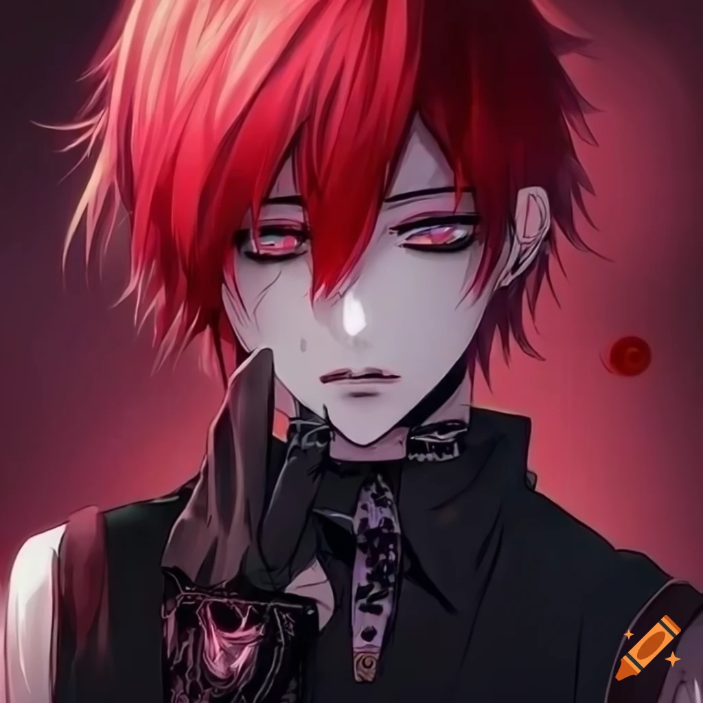 cute gothic anime boy with red hair