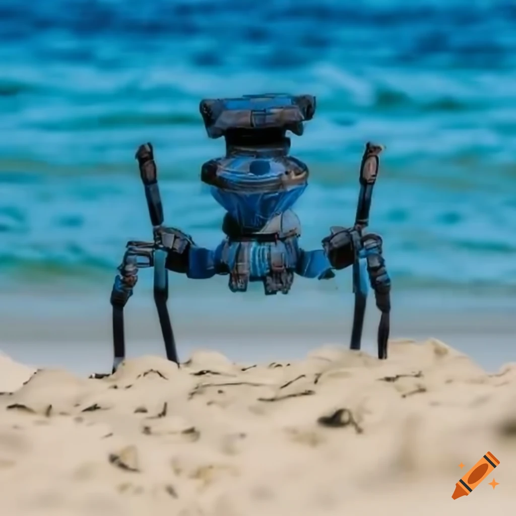 bipedal mech on a beach