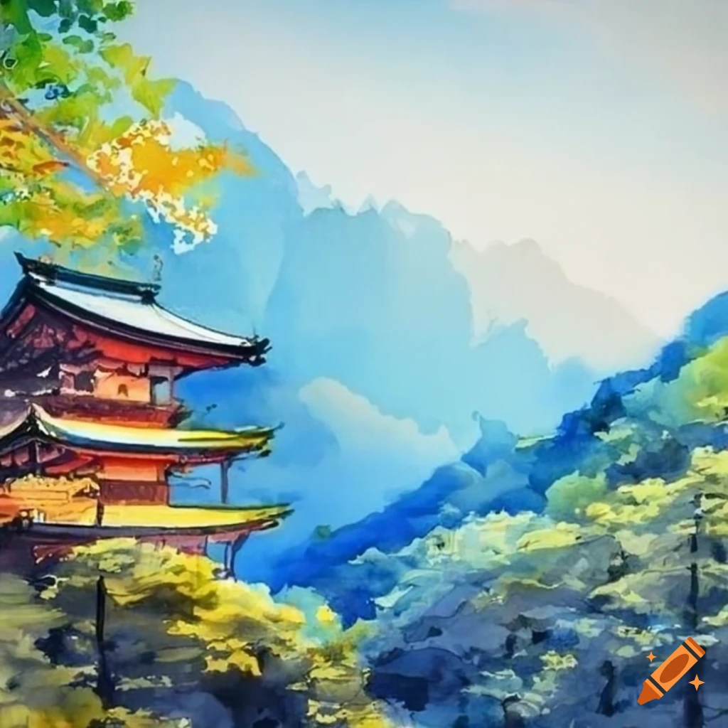vibrant watercolor painting of a scenic view in Japan