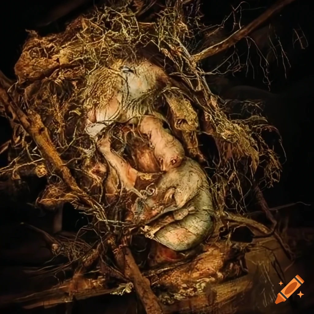 painting of a distorted figure caught in a web of branches
