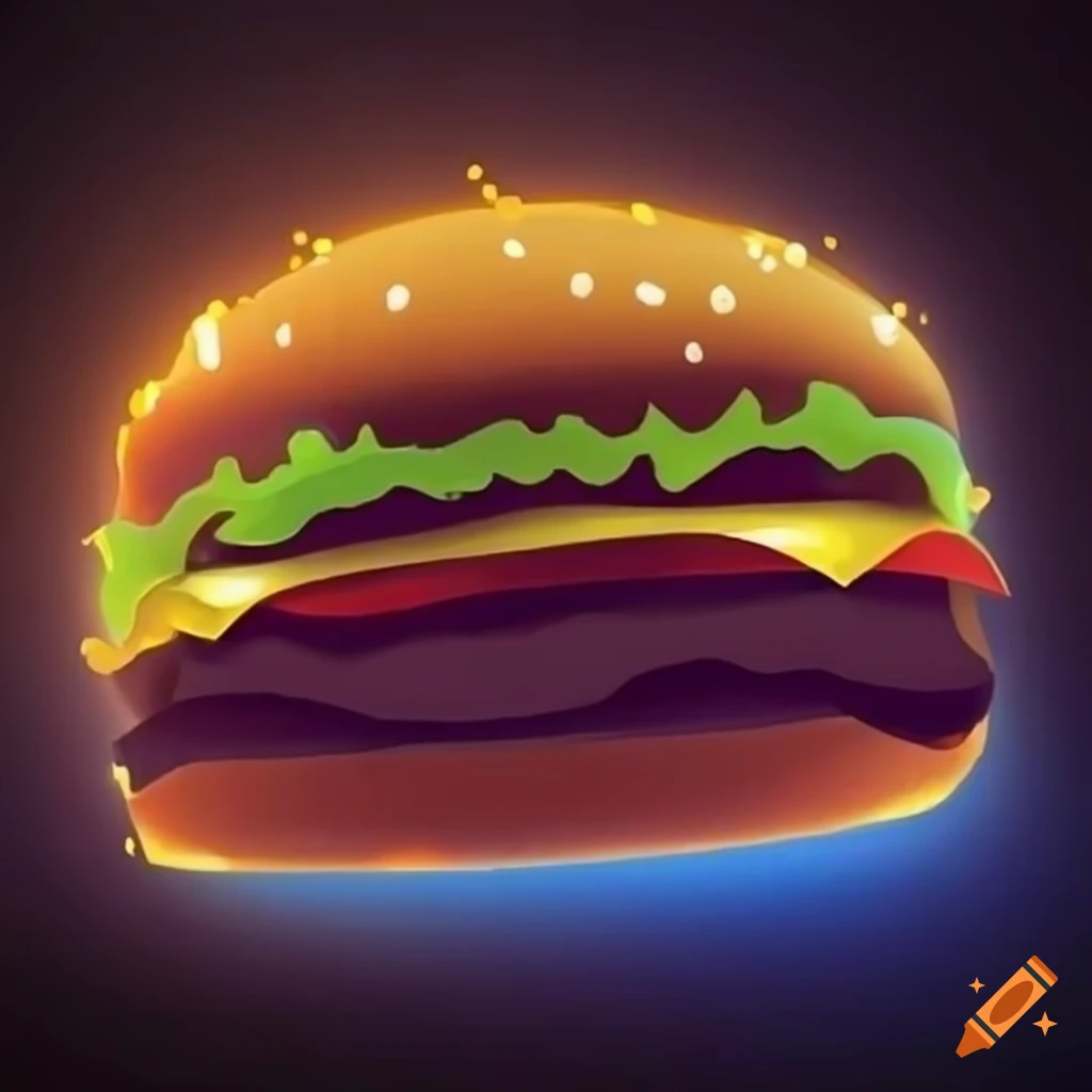 epic cheeseburger floating in the sky with a glowing beam