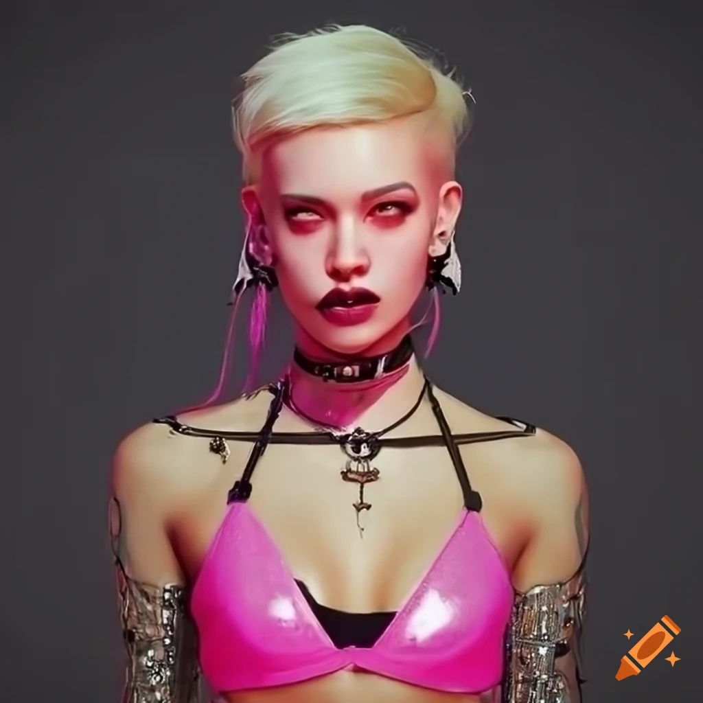 image of a cyberpunk mia goth with a platinum blonde mullet