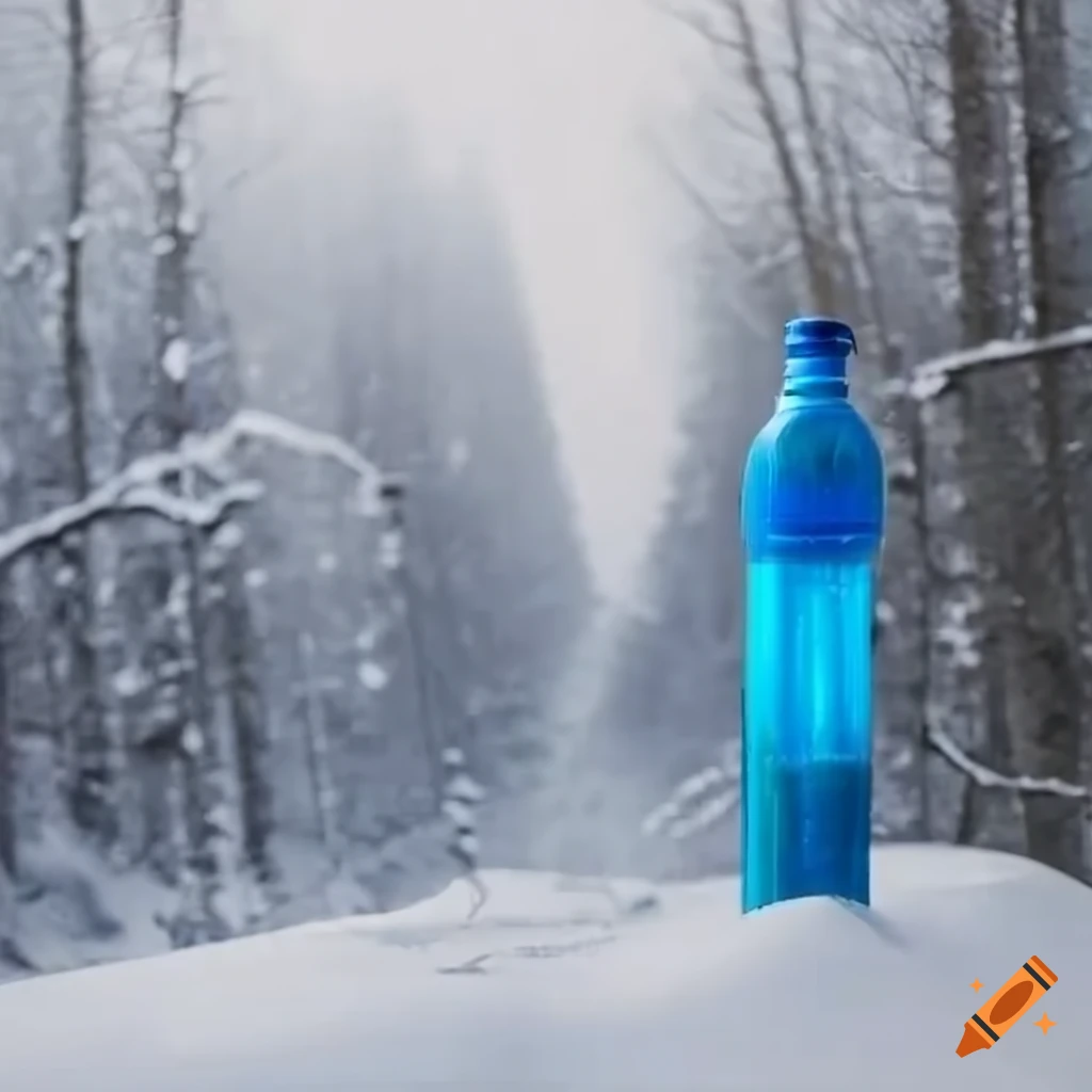 Blue bottle in front of snowy xcski track