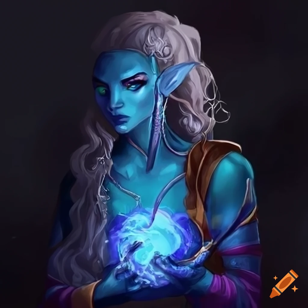 Illustration of a water genasi sorcerer named krystal shear