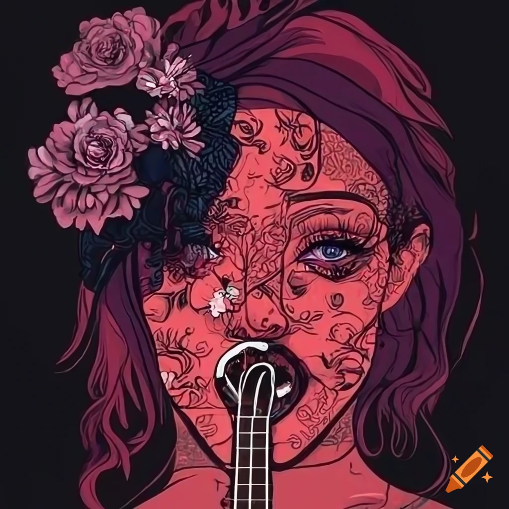 Illustration of a woman with flowers in her hair and a ukulele