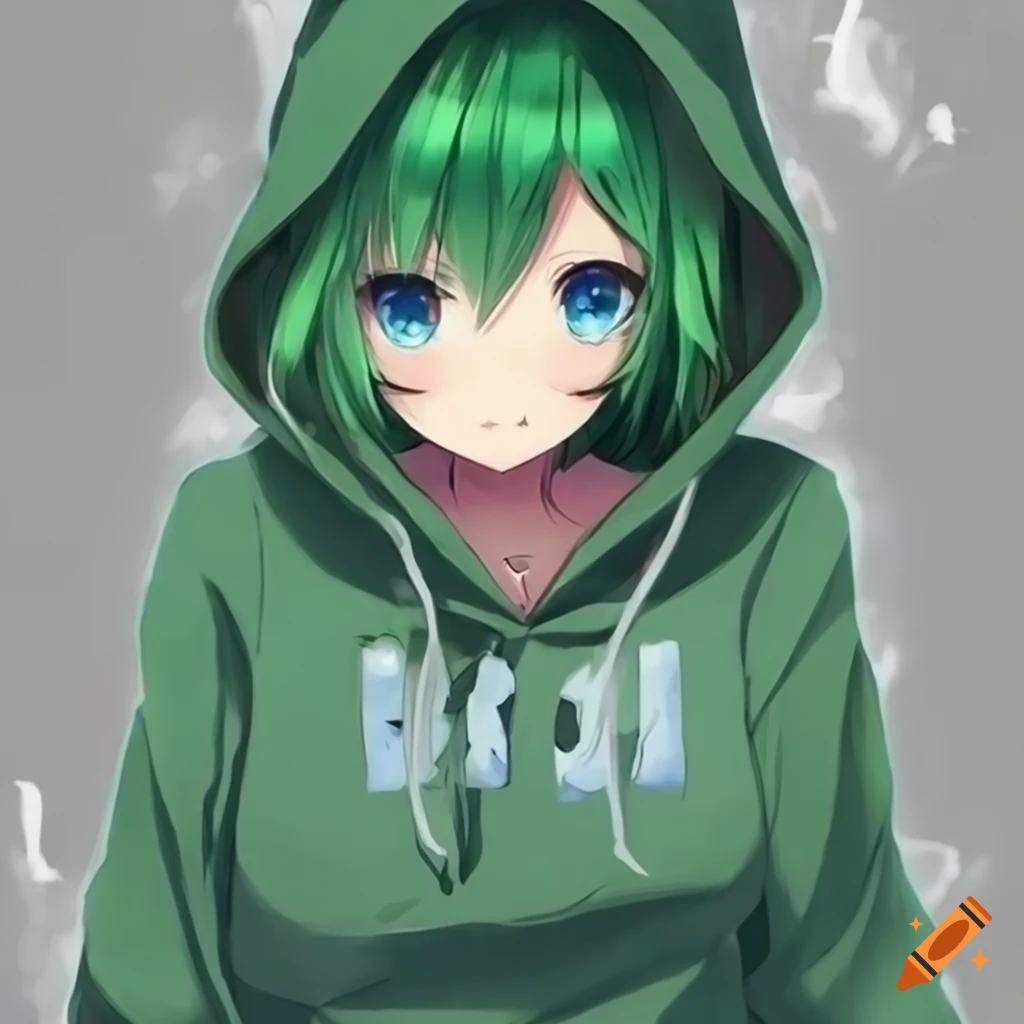 Anime girl with short green hair and blue eyes in a hoodie on Craiyon