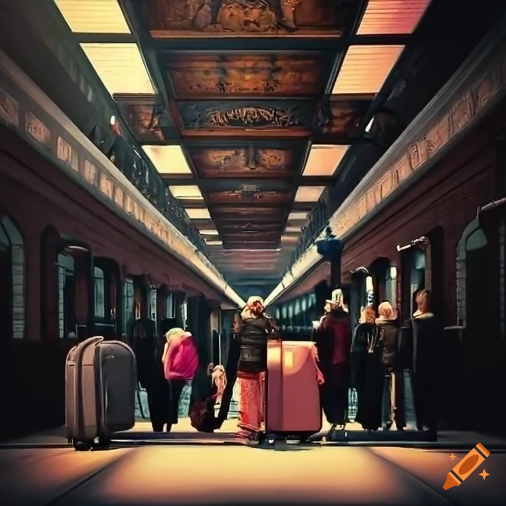 people at a train station with various bags