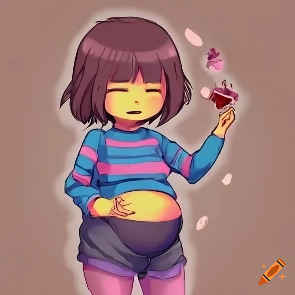 character from Undertale with a striped crop top shirt and giant pregnant belly