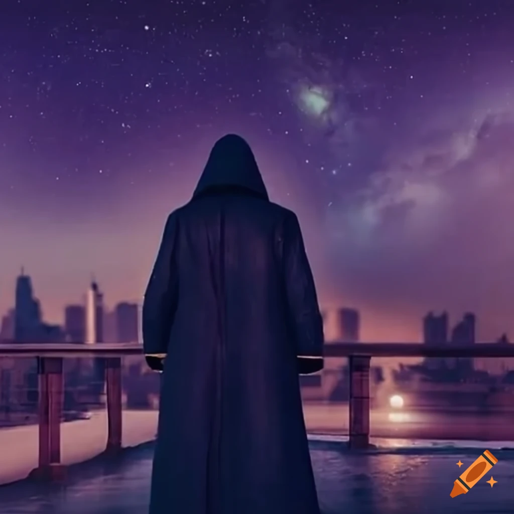 Starry-coated man on a city rooftop on Craiyon