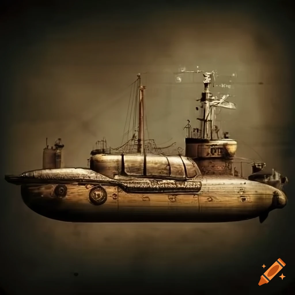 sepia-toned steampunk submarine with text