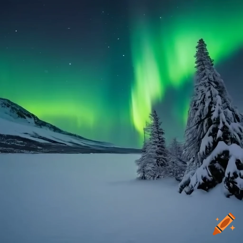 snow-covered trees under northern lights in the Arctic
