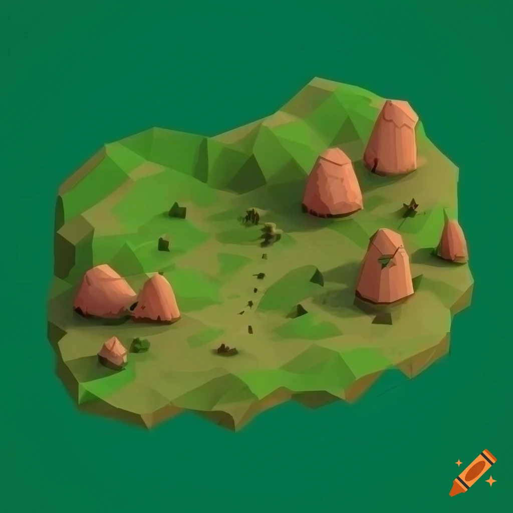 isometric low-poly map of a plains field