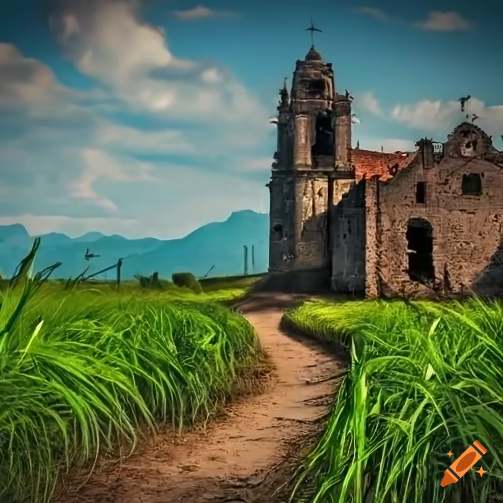 Sugar cane field with ruins of old spanish church