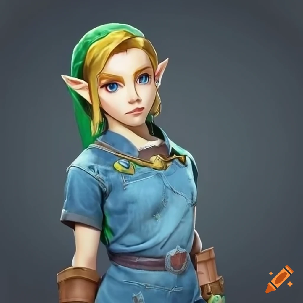 Cosplay of young female link in denim dress on Craiyon
